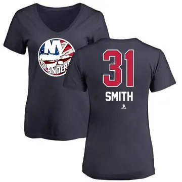 Women's Billy Smith New York Islanders Name and Number Banner Wave V-Neck T-Shirt - Navy